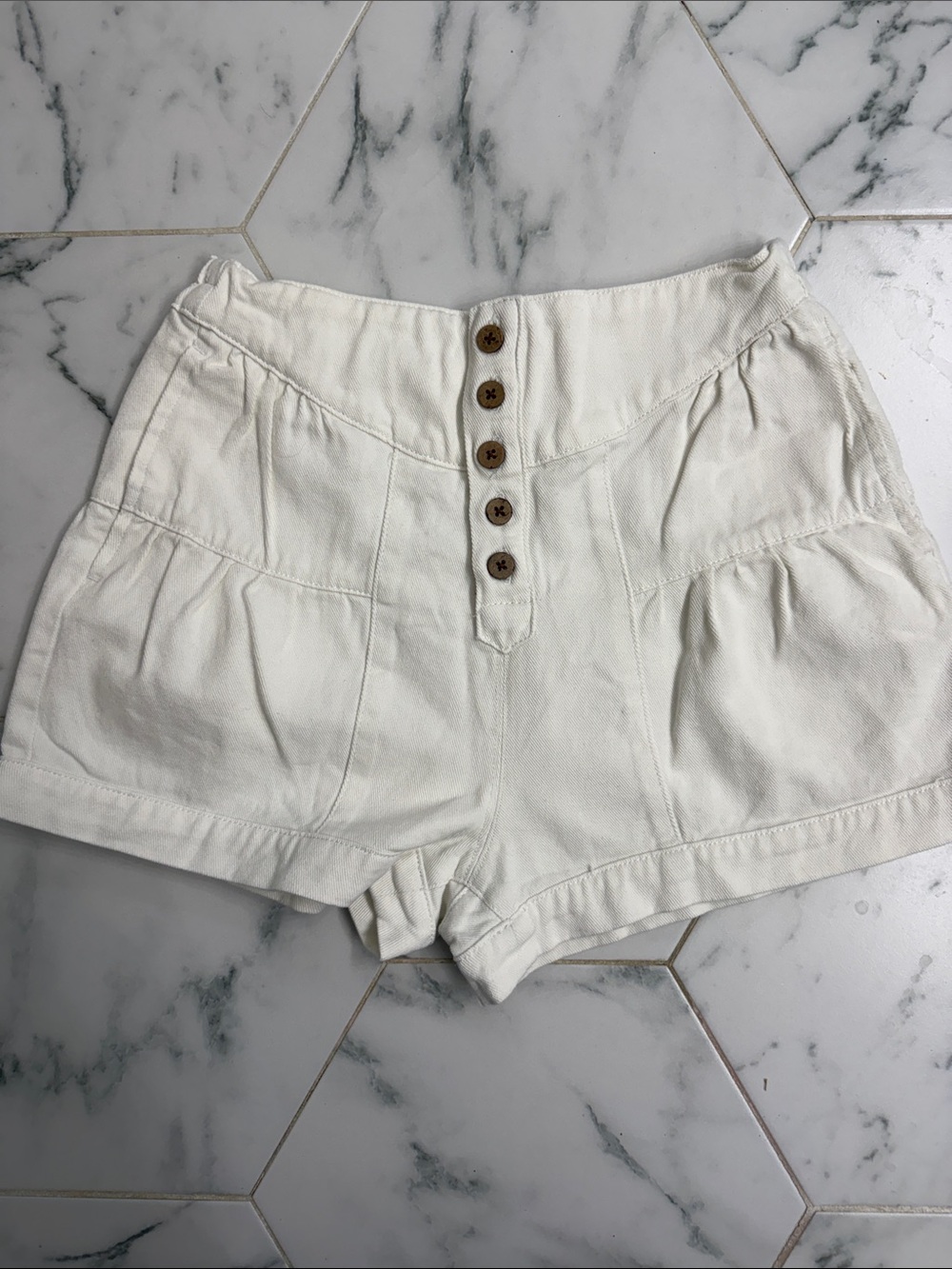 High-Waist Cream Button-Front Cotton Shorts
